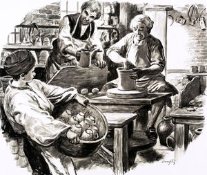 Josiah Wedgwood był praktykantem w rodzinnej firmie garncarskiej (gwasz na papierze) autorstwa C.L. Doughty