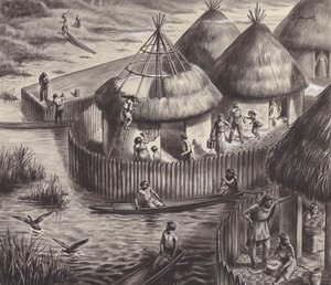 Mieszkańcy jeziora w Glastonbury (gwasz na papierze) autorstwa C.L. Doughty