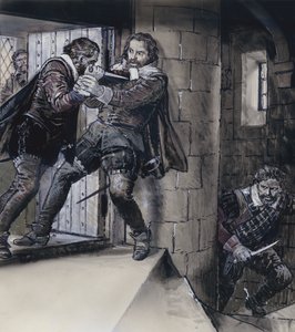 Lord Gowrie rysujący sztylet na królu Szkocji Jakubie VI (gwasz na papierze) autorstwa C.L. Doughty