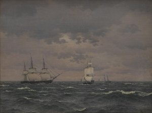 Korweta refująca żagle w rześkim wietrze i kilka innych statków autorstwa Christoffer Wilhelm Eckersberg
