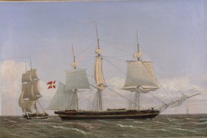 Układanie duńskiej korwety w celu naradzania się z duńskim bryg: scena rozgrywająca się na wodach zachodnioindyjskich autorstwa Christoffer Wilhelm Eckersberg