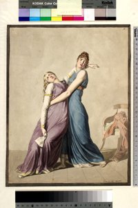 Kobieta wspiera inną kobietę, która zemdlała po przeczytaniu listu autorstwa Christoffer Wilhelm Eckersberg