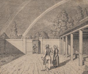 Para rozmawiająca na stajni, z podwójną tęczą nad głową, z Linear Perspec..., 1841. autorstwa Christoffer Wilhelm Eckersberg