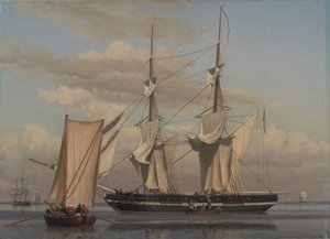 Brygada marynarki amerykańskiej leży na kotwicy, gdy jej żagle wysychają autorstwa Christoffer Wilhelm Eckersberg
