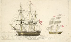 Duńska fregata na kotwicy i angielski bryg pod żaglami autorstwa Christoffer Wilhelm Eckersberg