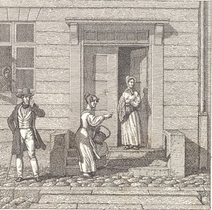 Scena uliczna, dwie dziewczyny, mężczyzna i kobieta szukają czegoś autorstwa Christoffer Wilhelm Eckersberg