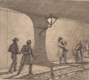 Scena uliczna przy świetle lampy. Ilustracja do „Perspektywy liniowej”, płyta VIII autorstwa Christoffer Wilhelm Eckersberg