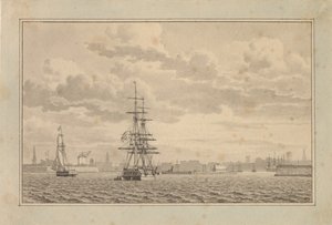 Kopenhaga widziana z Yderhavnen z brygiem na kotwicy i slupem żaglowym. autorstwa Christoffer Wilhelm Eckersberg