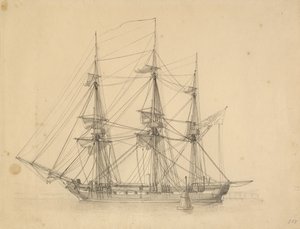 Zacumowana w nabrzeżu floty korweta Flora suszy żagle. autorstwa Christoffer Wilhelm Eckersberg