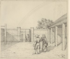 Perspektywa liniowa zastosowana w sztuce malarskiej - Szkic nieużywanej wersji planszy V,2 - Tęcza nad dziedzińcem. autorstwa Christoffer Wilhelm Eckersberg