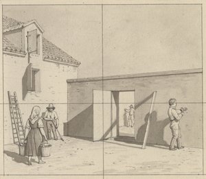 Perspektywa liniowa, zastosowana do malarstwa - szkic niewykorzystanej ilustracji - duński dziedziniec z czterema rolnikami i rzemieślnikami. autorstwa Christoffer Wilhelm Eckersberg