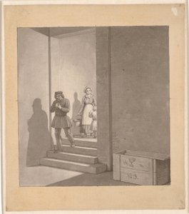 Mężczyzna schodzący po schodach, w tle kobieta i dziecko autorstwa Christoffer Wilhelm Eckersberg