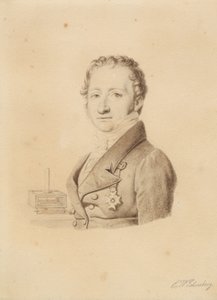 Portret norweskiego fizyka Christoffera Hansteena. Obraz biustu en face t.v. autorstwa Christoffer Wilhelm Eckersberg