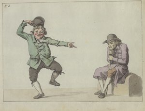 Magazyn satyryczny; mężczyzna podskakuje i śmieje się wskazując na siedzącego starca autorstwa Christoffer Wilhelm Eckersberg