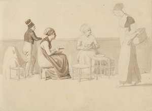 Scena z farmy lub nabrzeża w Paryżu. Cztery postacie siedzące, stojące i chodzące. autorstwa Christoffer Wilhelm Eckersberg