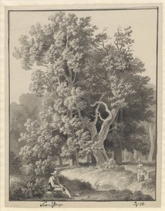 Woodland w Svendstrup z kilkoma postaciami, przed siedzącym mężczyzną z łopatą autorstwa Christoffer Wilhelm Eckersberg