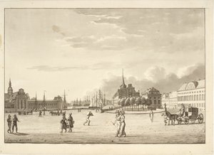 Plac Zamkowy w Kopenhadze z kościołem Holmena, Børsen, obecnie zaginionym budynkiem banku i kancelarii („Czerwony budynek”) autorstwa Christoffer Wilhelm Eckersberg