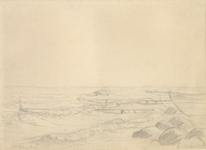 Plaża z falami rozbijającymi się o skały i pomost. autorstwa Christoffer Wilhelm Eckersberg