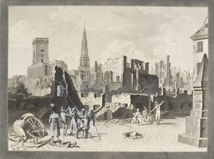 Plac Ulfeldta, teraz nazywany Gråbrødertorv, po brytyjskim bombardowaniu we wrześniu 1807 roku autorstwa Christoffer Wilhelm Eckersberg