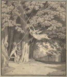 The Woodlands autorstwa Skjoldnæsholm z młodym mężczyzną, który kołysze młodą dziewczyną autorstwa Christoffer Wilhelm Eckersberg