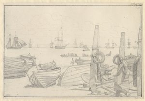 Widok z plaży na południe od Helsingør w kierunku statku strażniczego, brygu „Falster”. autorstwa Christoffer Wilhelm Eckersberg