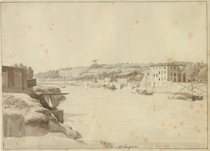 Widok Tybru w kierunku Porto di Ripa Grande i Porta Portese widziany z banku poniżej Monte Aventino, Rzym. autorstwa Christoffer Wilhelm Eckersberg
