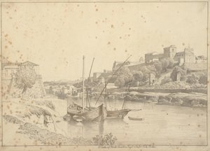 Widok Tybru w Porto di Ripa Grande poza Porta Portese w kierunku Marmorata i kościołów Monte Aventino, Rzym autorstwa Christoffer Wilhelm Eckersberg