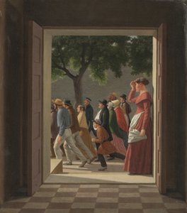 Zobacz przez drzwi do biegnących postaci autorstwa Christoffer Wilhelm Eckersberg
