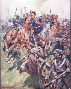 Kozak i Rosjanin zatoczyli się po uderzeniu szablą, ilustracja z „Ballad o słynnych walkach”, ok. 1900 r. (litografia kolorowa)