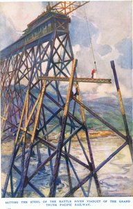 Ustawianie stali na wiadukcie Battle River kolei Grand Trunk Pacific Railway autorstwa C. Dudley Tennant