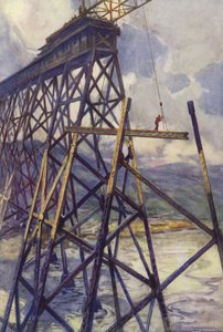 Ustawianie stali wiaduktu Battle River w Grand Trunk Pacific Railway w Kanadzie (litografia kolorowa) autorstwa C. Dudley Tennant