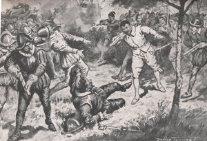 Admirał, a za nim jego drużyna, rzucili się na oślep przed Gwardię Vera Cruz, ilustracja z „British Battles on Land and Sea”, opublikowanej przez Cassell, Londyn, ok. 1910 r. (litografia) autorstwa C. Dudley Tennant
