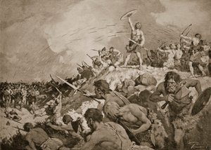 Bitwa pod Mons Badonicus, ok. 500 rne, ilustracja z „Historii narodu” (litografia)