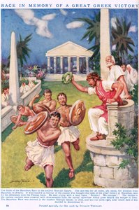 Maraton: Wyścig ku pamięci wielkiego greckiego zwycięstwa, ilustracja z obrazkowej Księgi Wiedzy Newnesa (litografia kolorowa) autorstwa C. Dudley Tennant