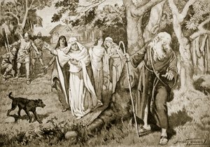 Spotkanie Kennetha i Fenelli, 993, ilustracja z „Historii narodu brytyjskiego Hutchinsona”, ok. 1920 r. (litografia) autorstwa C. Dudley Tennant