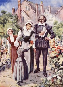 William Shakespeare z żoną i dwiema córkami w ogrodzie w New Place, Stratford-upon-Avon (litografia kolorowa)