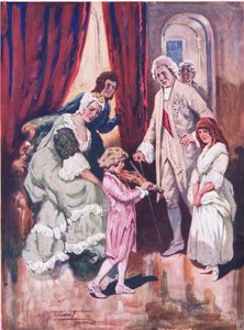 Zdobycie serc jego królewskiej publiczności: pierwszy występ Mozarta na dworze austriackim (litografia kolorowa) autorstwa C. Dudley Tennant
