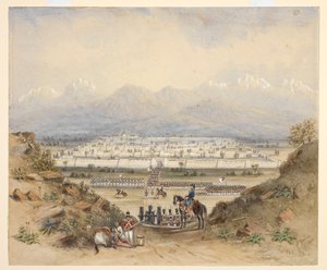 Ogólny przegląd kawalerii i piechoty, którzy mają wkroczyć do otoczonego murem miasta w górzystym kraju, być może Kandahar (NWFP). 1843, po wcześniejszym szkicu. autorstwa C. Graham