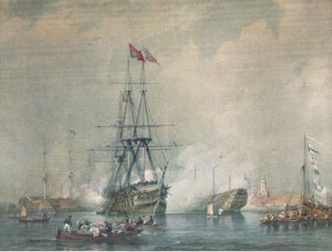 HMS Victory wystrzeliwujący Royal Salute w Portsmouth Harbour, z British Adventure opublikowanego przez Collins, 1947 autorstwa C. J. M. Whichello