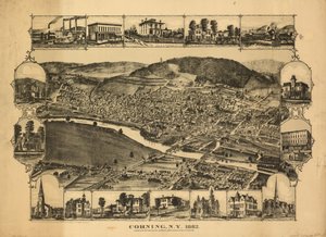 Corning, N.Y., 1882 - skrzyżowanie linii kolejowych New York, Lake Erie i Western oraz Syracuse, Geneva  Corning R.R. LOC 88690691 autorstwa C. J. Philadelphia Publishing House; Corbin