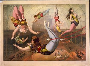 Akrobatki na trapezach w cyrku, ok. 1890 autorstwa Calvert Litho. Co.