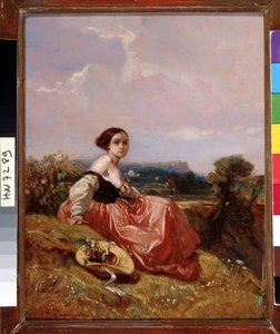 Młoda dziewczyna w kapeluszu przed Sainte Mountain Victoire Obraz Camille Roqueplan (1803-1855) Wym. 18x23 cm Obowiązkowa wzmianka: Kolekcja fundacja pozdrowienia z Prowansji, Marsylia