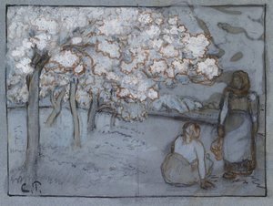 Studium kompozycyjne dwóch wieśniaczek rozmawiających w sadzie, 1894 (czerwono-brązowe i indyjskie tusze na węglu wzmocnione kolorem ciała na niebieskim papierze) autorstwa Camille Jacob Pissarro