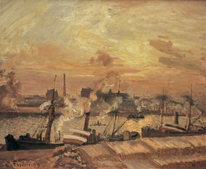 Rozładunek drewna, Quai de la Bourse, zachód słońca, 1898. autorstwa Camille Jacob Pissarro