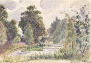 Pond at Kew Gardens, 1892 (wc nad grafitowym ołówkiem na papierze wykładanym) autorstwa Camille Jacob Pissarro