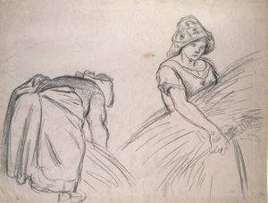 Studium dwóch kobiet żniwiarek, 1882 (czarna kreda na różowym papierze z dodatkiem bieli) autorstwa Camille Jacob Pissarro