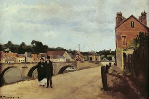 Chemin de lEcluse i most Pontoise, 1867 (olej na płótnie zamontowany na panelu) autorstwa Camille Jacob Pissarro