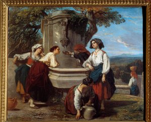 Ossalozy przy fontannie Przy fontannie spotykają się rolnicy z doliny Ossau. Obraz Camille Roqueplan (1803-1855)