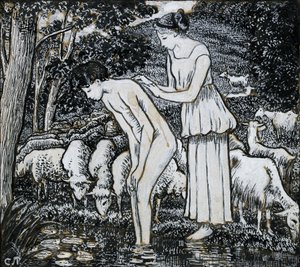 Chloë myjąca Daphnis w strumieniu, studium kompozycyjne dla ilustracji, ok. 1895 r. autorstwa Camille Pissarro