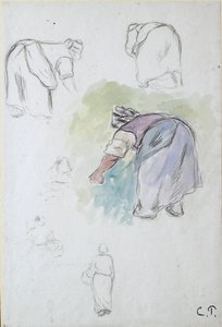 Arkusz prac: cztery studia zginającej się chłopki i dwa studia kobiety trzymającej autorstwa Camille Pissarro
